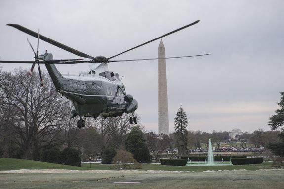 U.S. President Donald Trump, First Lady Melania Trump and son Baron Trump take off on Marine One.